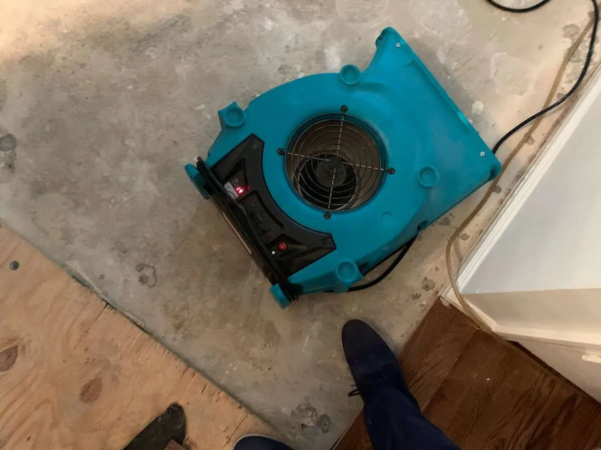 Air mover drying subfloor during Leak Detection & Repair in Lafayette